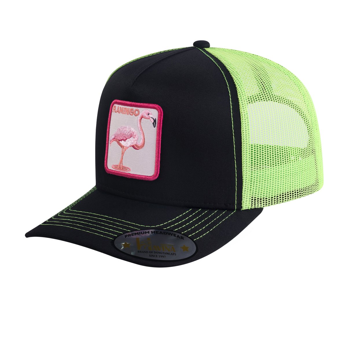 Flamingo 5-Panel Trucker Hat with Black front and Green back