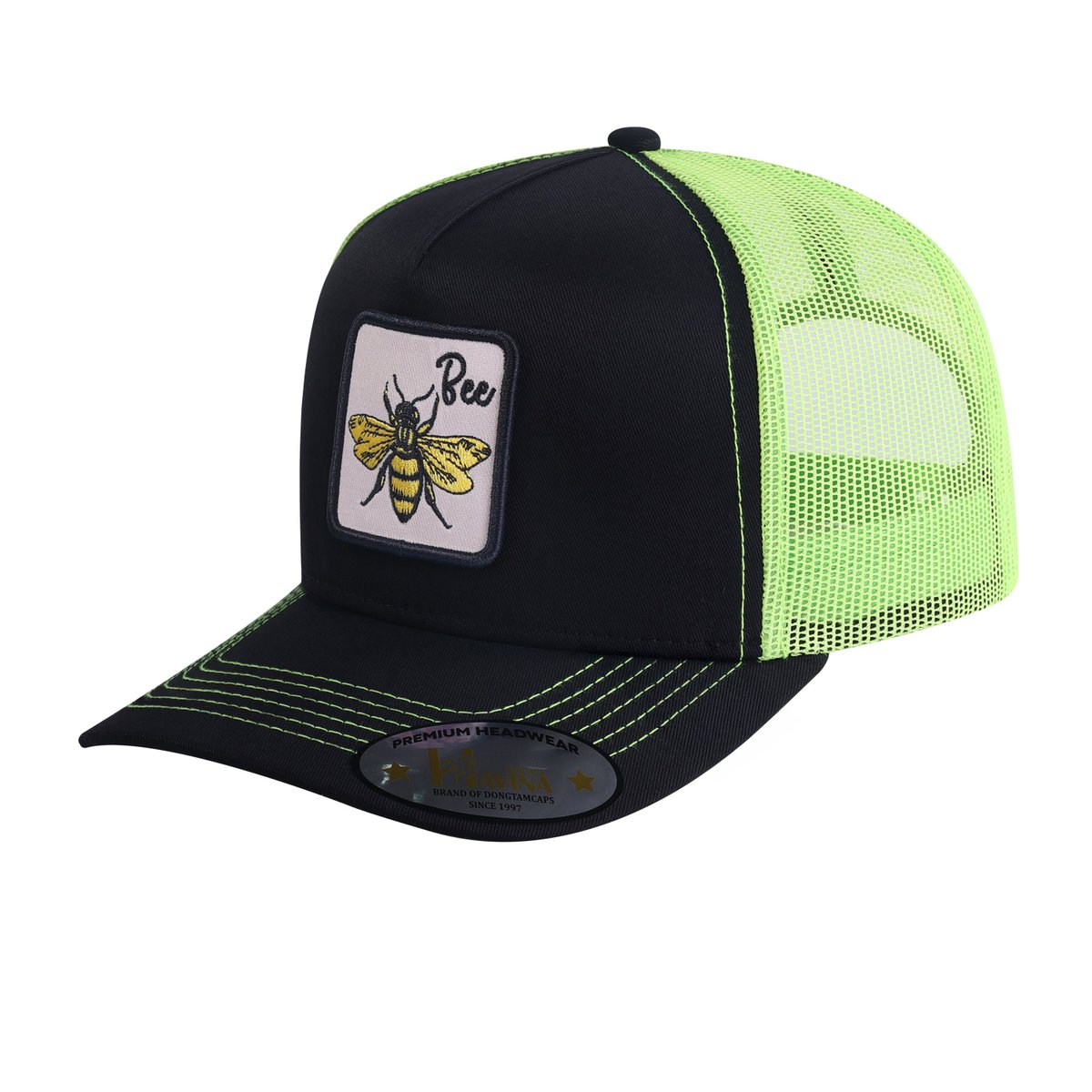 Bee 5-Panel Trucker Hat with Black front and Green back