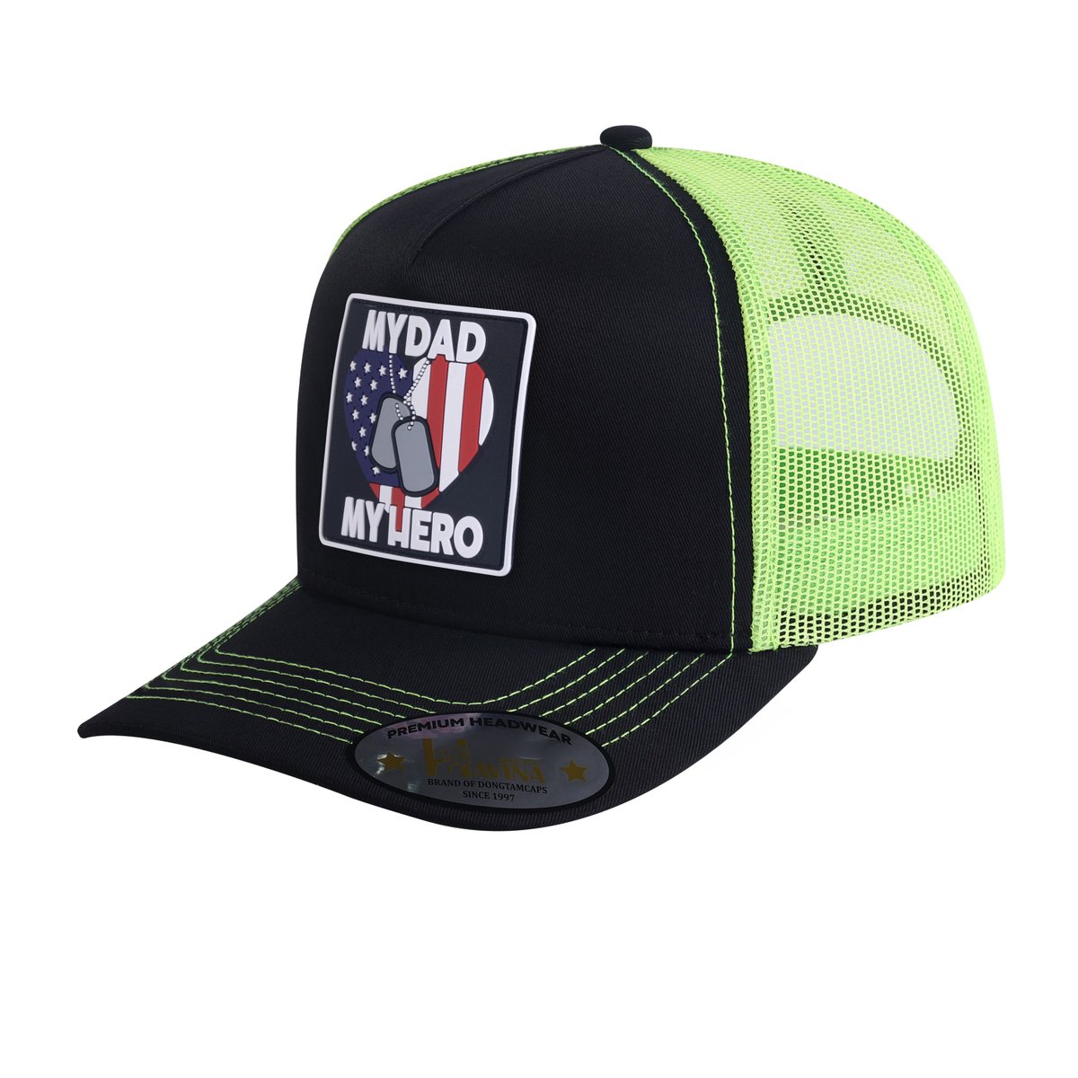 My Dad My Hero 5-Panel Trucker Hat with Black front and Green back
