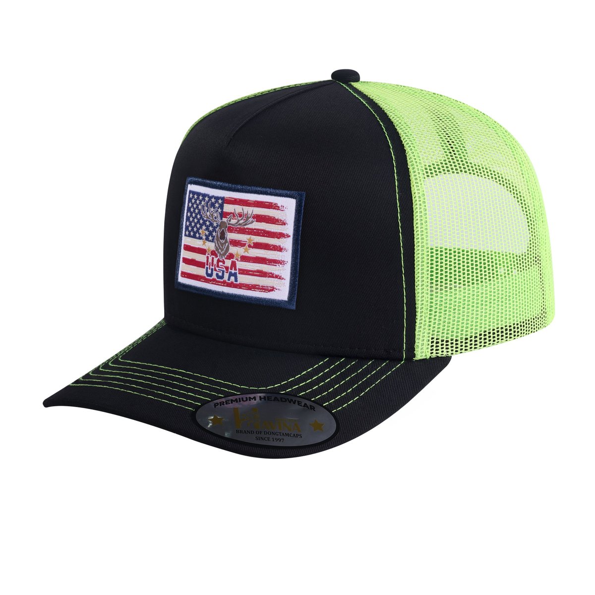 USA Deer Hunter 5-Panel Trucker Hat with Black front and Green back