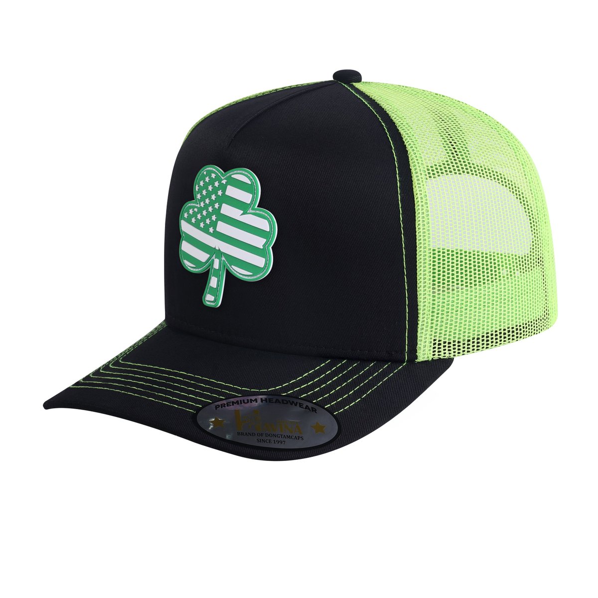 St. Patrick's Day Four Leaf Shamrock 5-Panel Trucker Hat with Black front and Green back