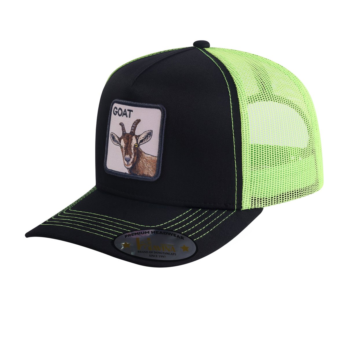 Goat 5-Panel Trucker Hat with Black front and Green back