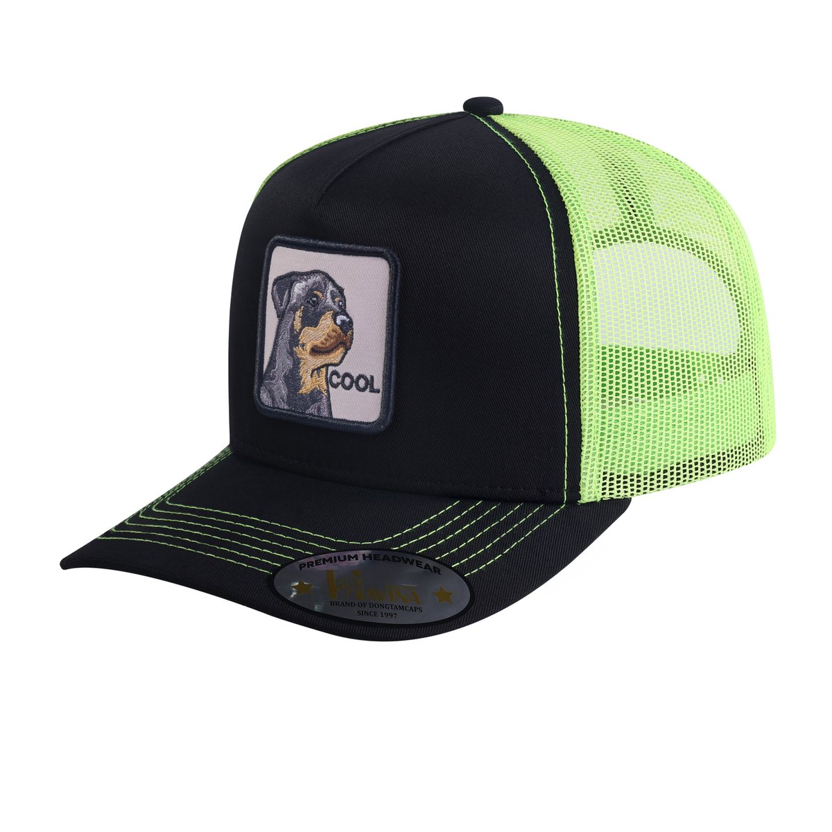 Cool Dog 5-Panel Trucker Hat with Black front and Green back