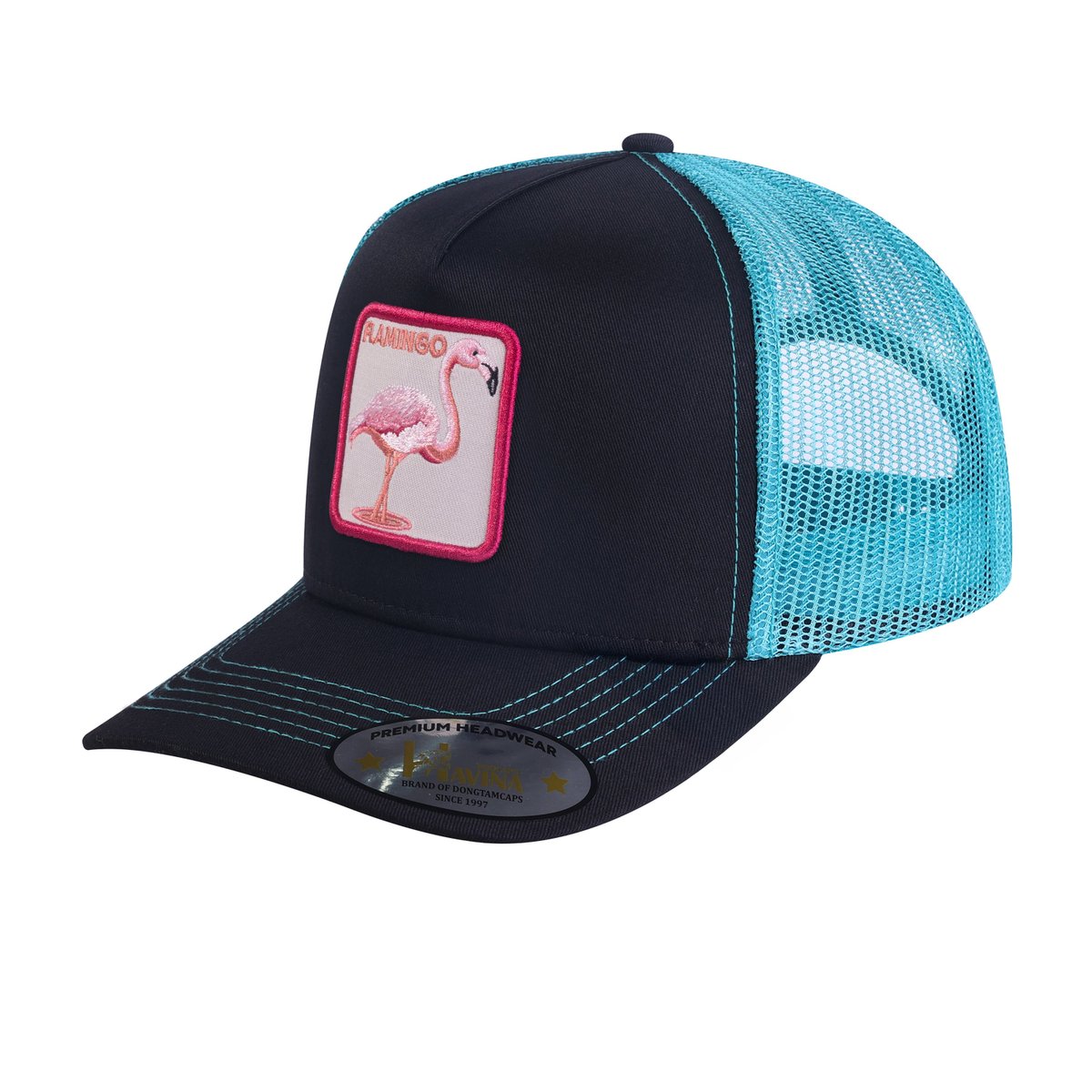 Flamingo 5-Panel Trucker Hat with Black front and Blue back