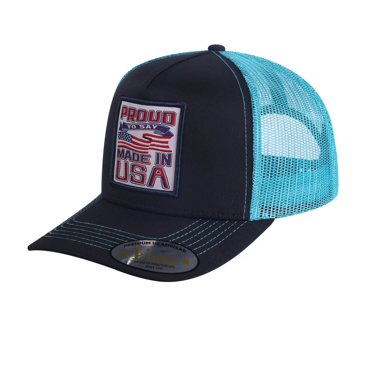 Proud to Say Made in USA 5-Panel Trucker Hat with Black front and Blue back
