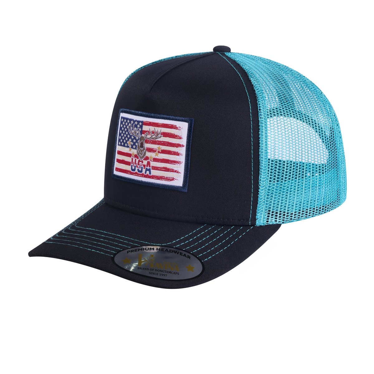 USA Deer Hunter 5-Panel Trucker Hat with Black front and Blue back