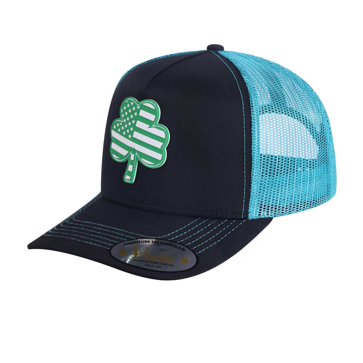 St. Patrick's Day Four Leaf Shamrock 5-Panel Trucker Hat with Black front and Blue back