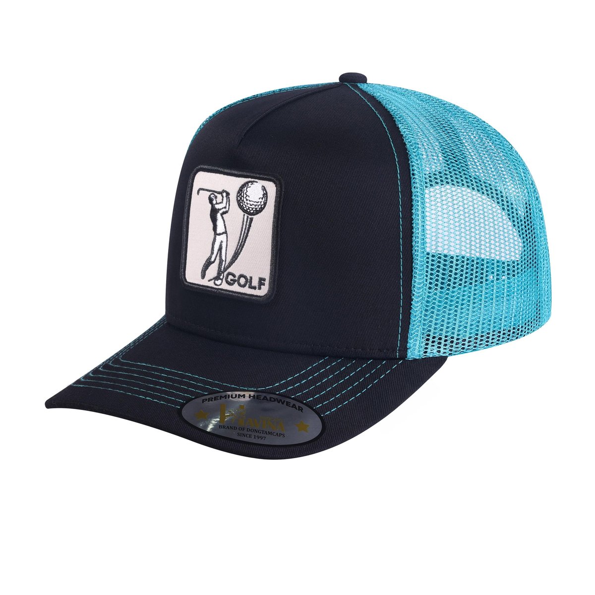Golf 5-Panel Trucker Hat with Black front and Blue back