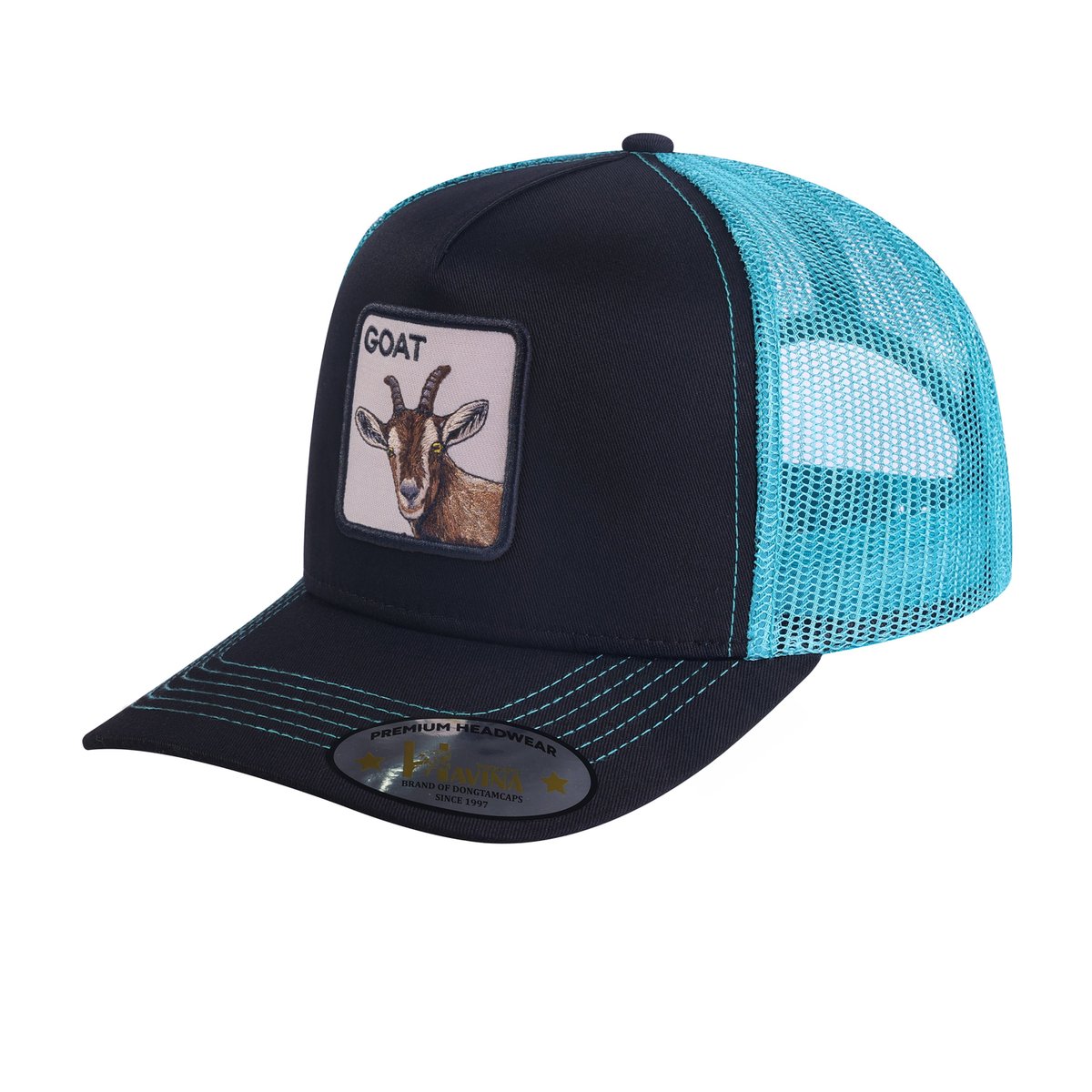 Goat 5-Panel Trucker Hat with Black front and Blue back