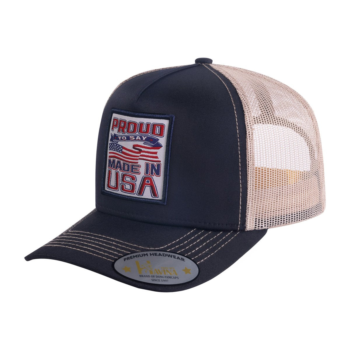 Proud to Say Made in USA 5-Panel Trucker Hat with Black front and Light Grey back