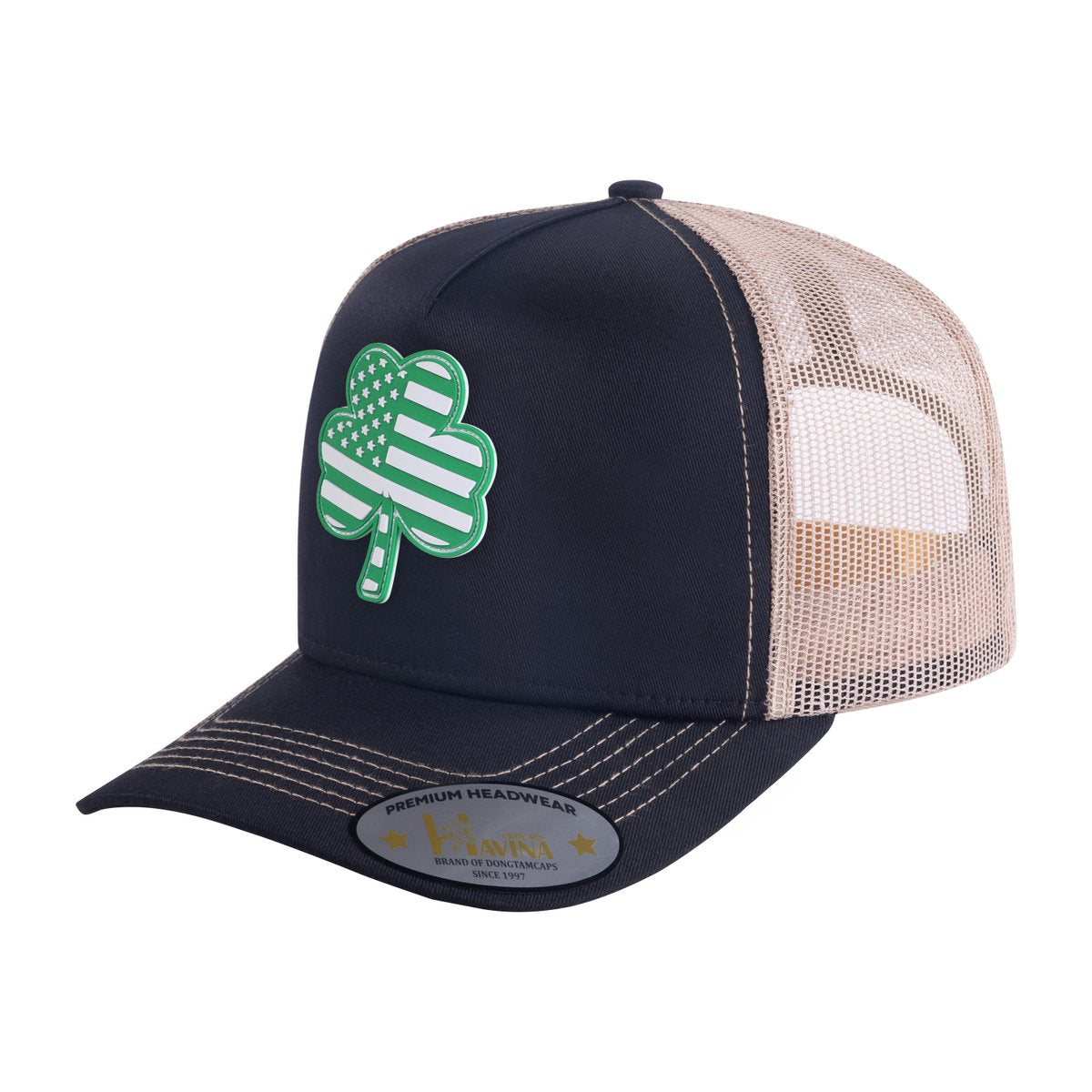 St. Patrick's Day Four Leaf Shamrock 5-Panel Trucker Hat with Black front and Light Grey back