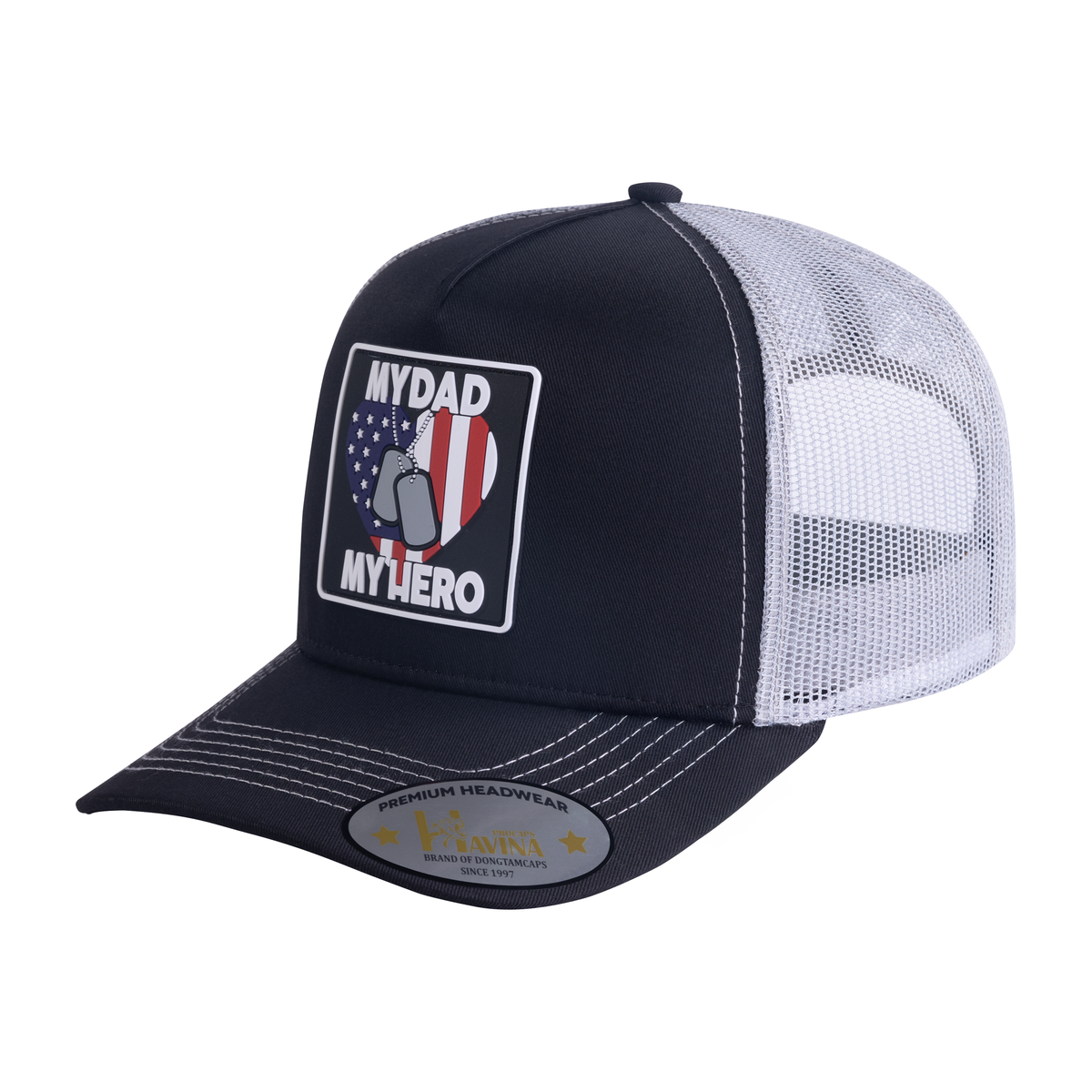 My Dad My Hero 5-Panel Trucker Hat with Black front and Light Grey back