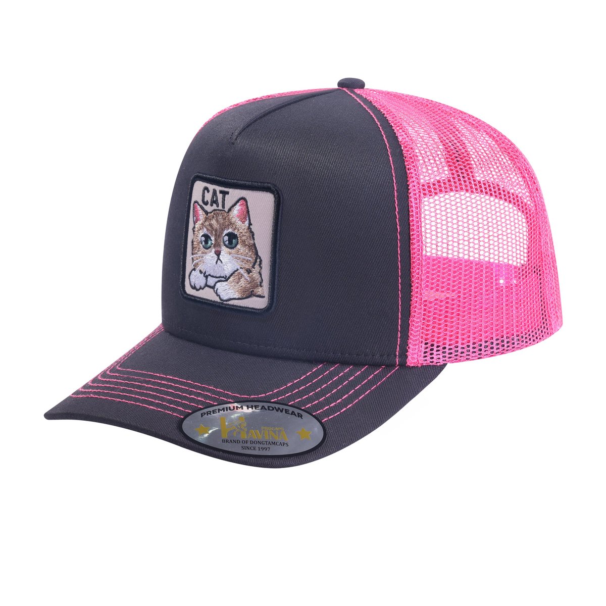 Cat 5-Panel Trucker Hat with Black front and Pink back