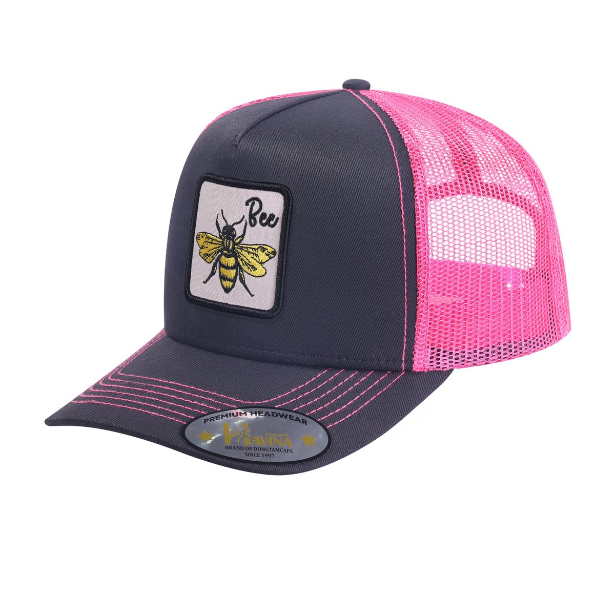 Bee 5-Panel Trucker Hat with Black front and Pink back