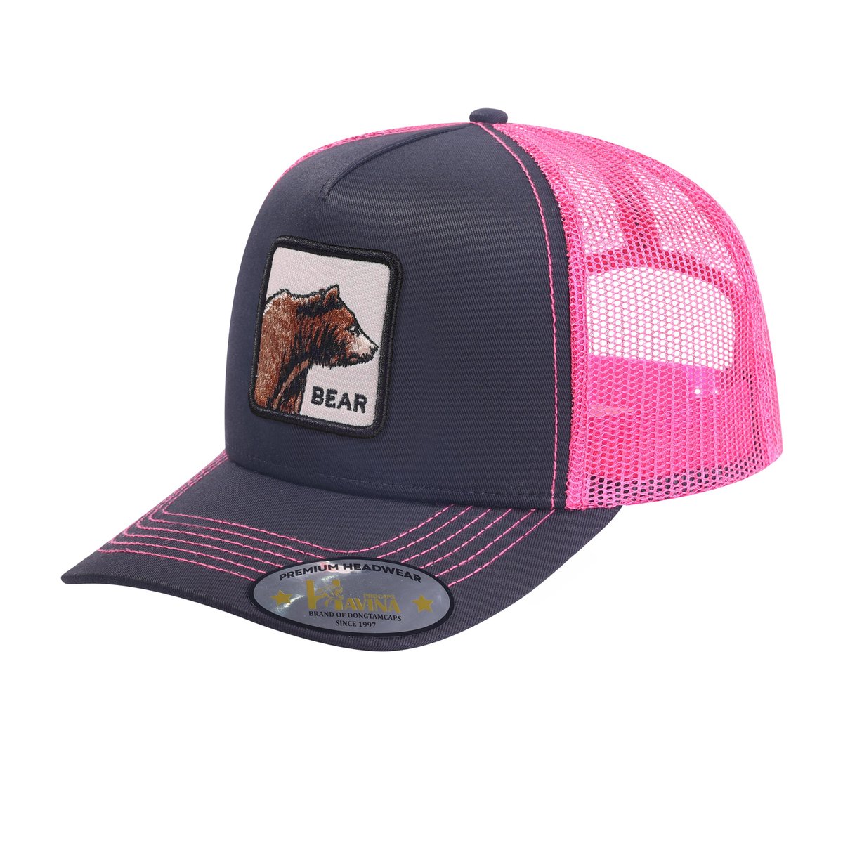 Bear 5-Panel Trucker Hat with Black front and Pink back