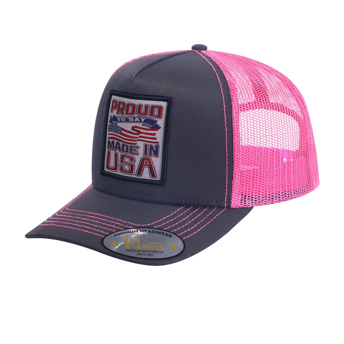 Proud to Say Made in USA 5-Panel Trucker Hat with Black front and Pink back
