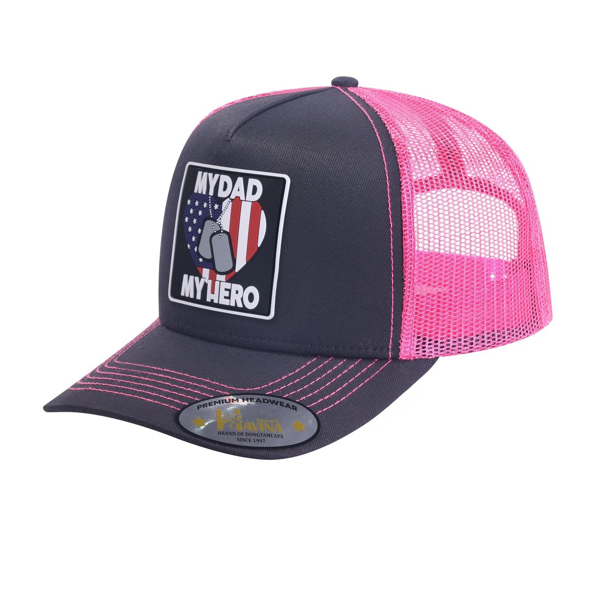 My Dad My Hero 5-Panel Trucker Hat with Black front and Pink back