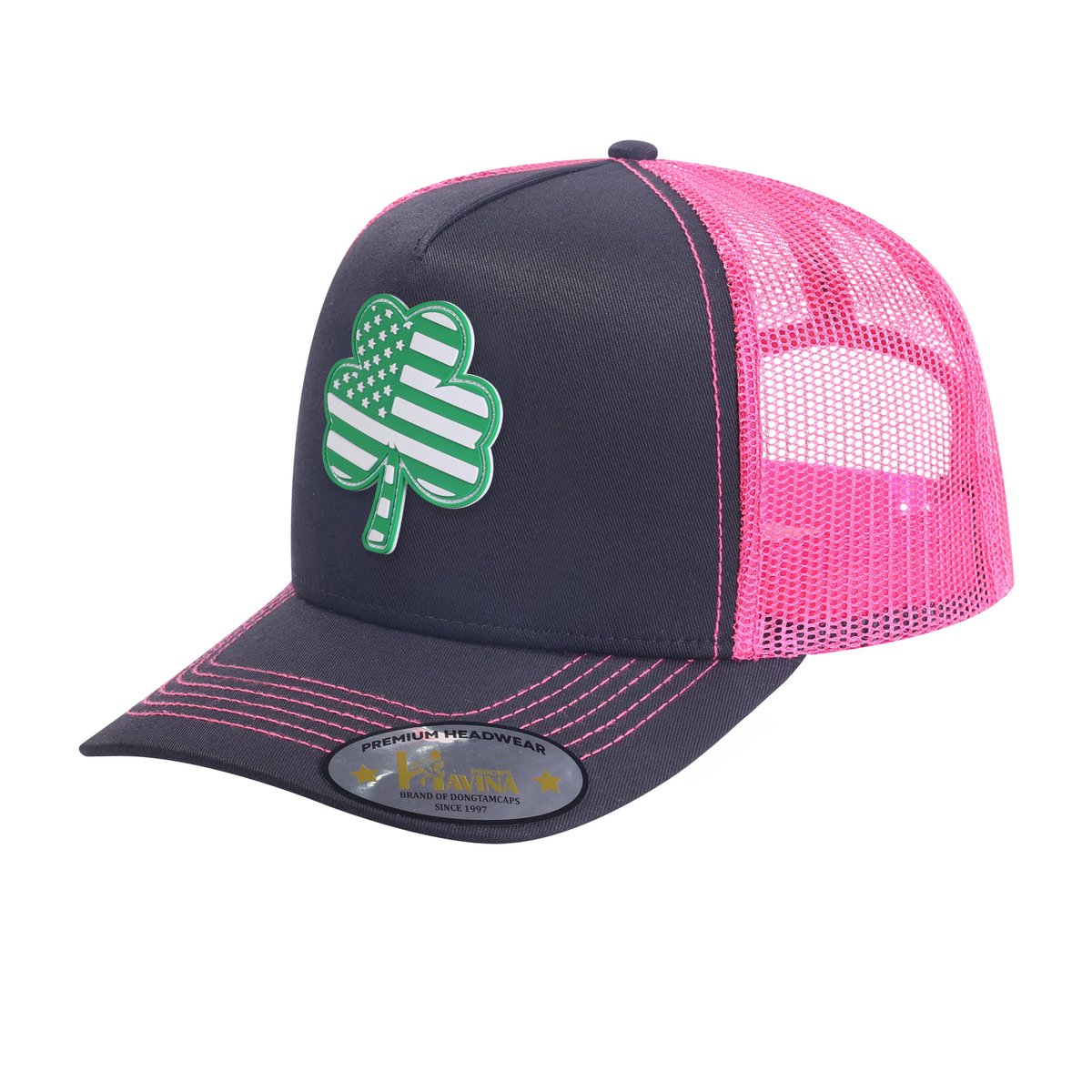 St. Patrick's Day Four Leaf Shamrock 5-Panel Trucker Hat with Black front and Pink back