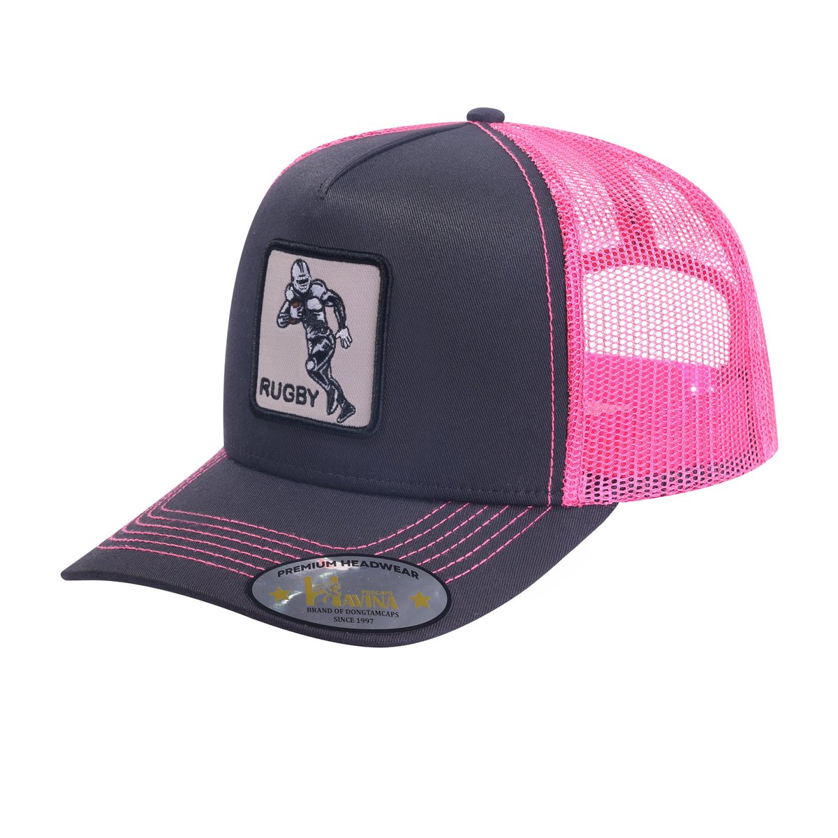 Rugby 5-Panel Trucker Hat with Black front and Pink back