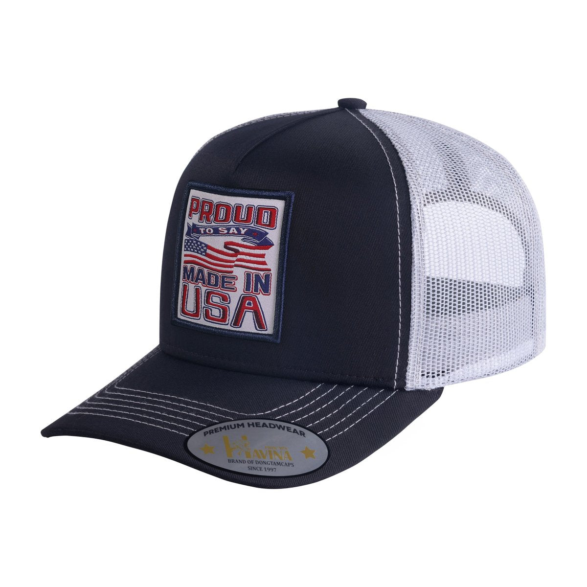 Proud to Say Made in USA 5-Panel Trucker Hat with Black front and White back