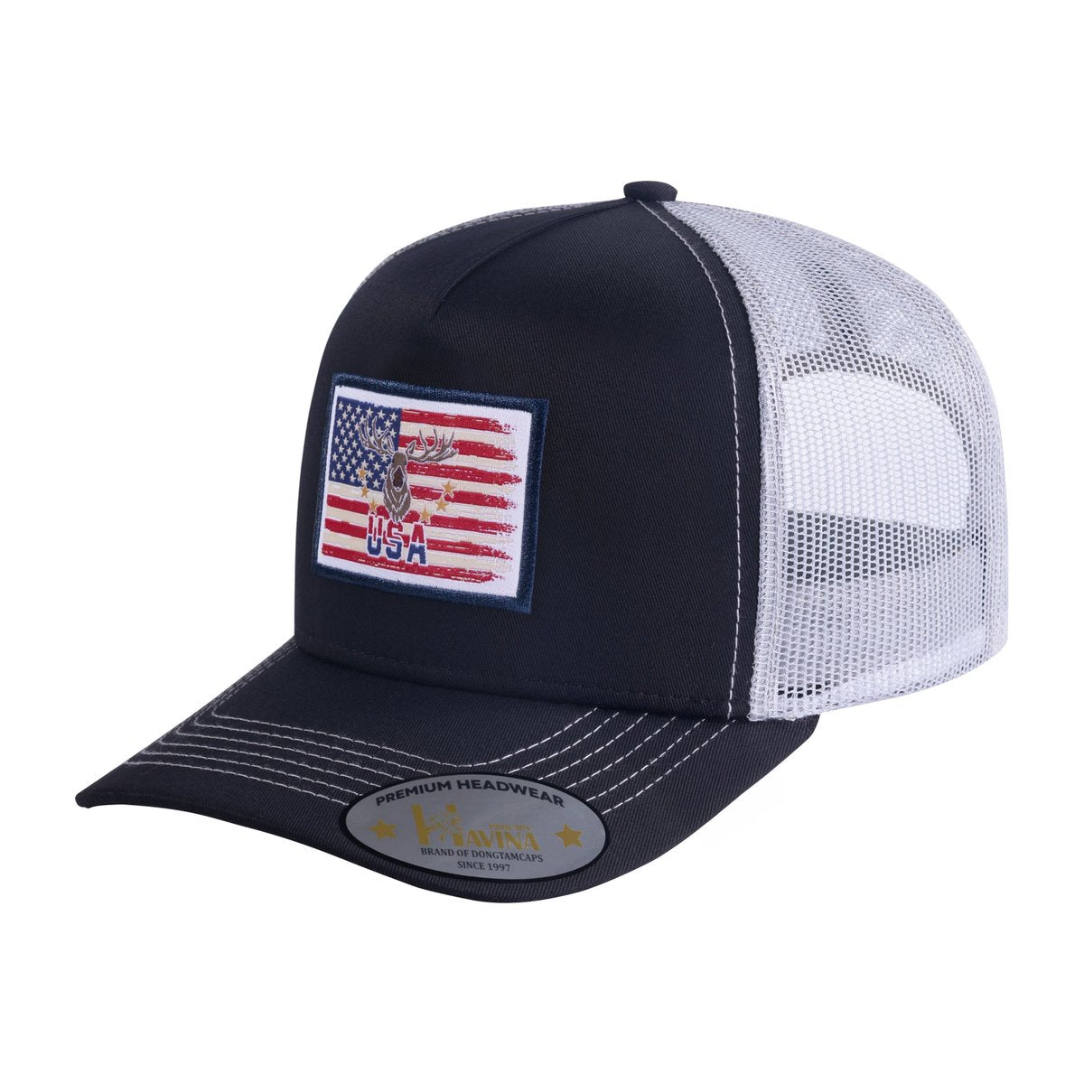 USA Deer Hunter 5-Panel Trucker Hat with Black front and White back