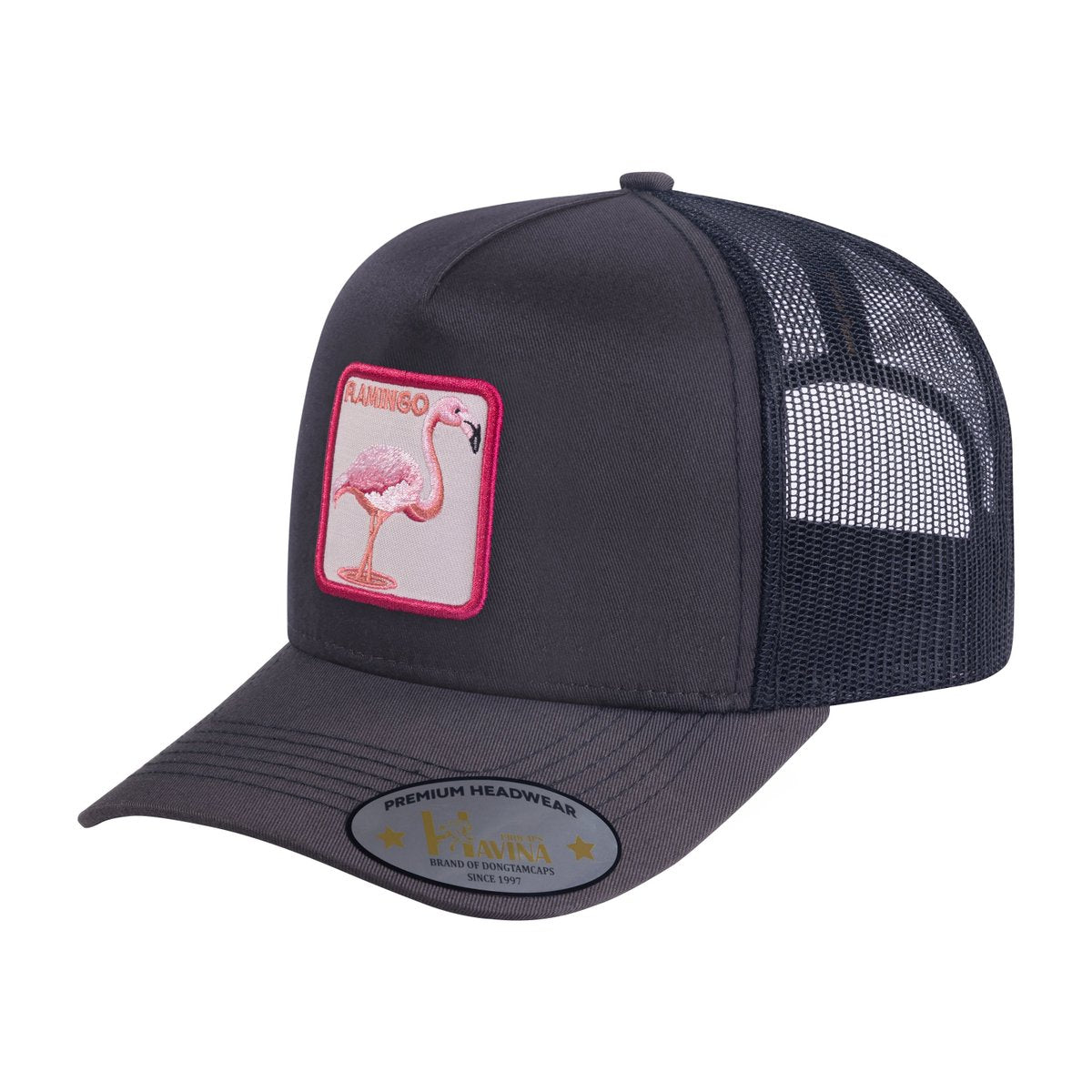Flamingo 5-Panel Trucker Hat with Dark Grey front and Black back