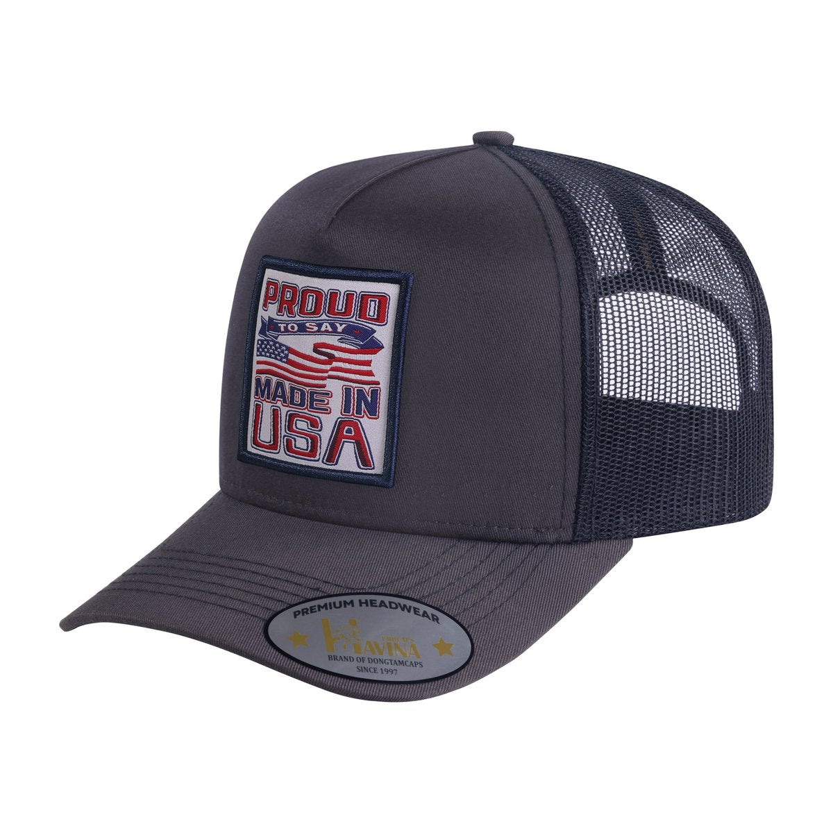 Proud to Say Made in USA 5-Panel Trucker Hat with Dark Grey front and Black back