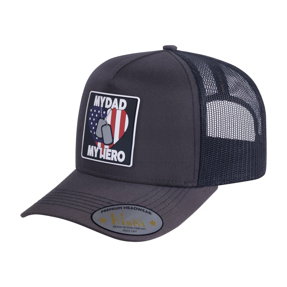 My Dad My Hero 5-Panel Trucker Hat with Dark Grey front and Black back