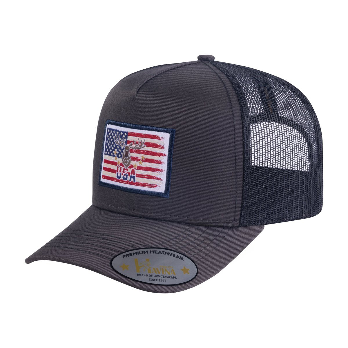 USA Deer Hunter 5-Panel Trucker Hat with Dark Grey front and Black back