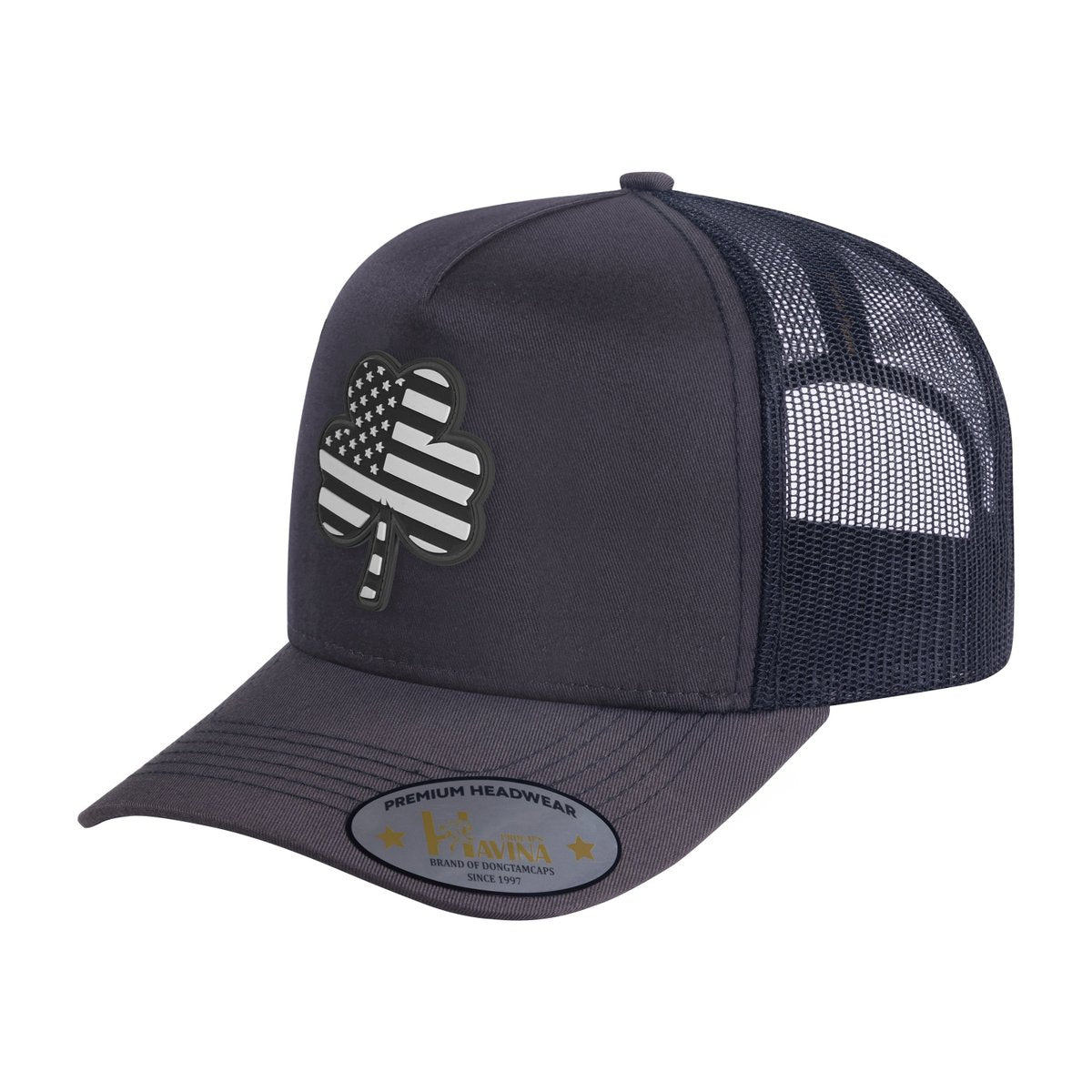 St. Patrick's Day Four Leaf Shamrock 5-Panel Trucker Hat with Dark Grey front and Black back