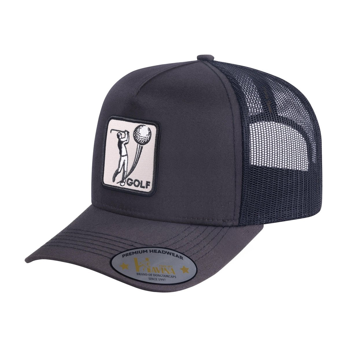 Golf 5-Panel Trucker Hat with Dark Grey front and Black back