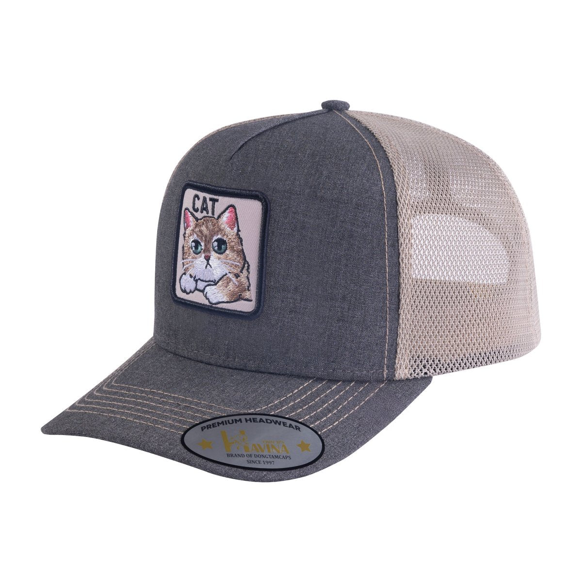 Cat 5-Panel Trucker Hat with Dark Grey front and Khaki back