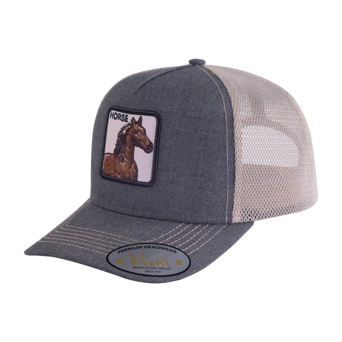 Horse 5-Panel Trucker Hat with Dark Grey front and Khaki back