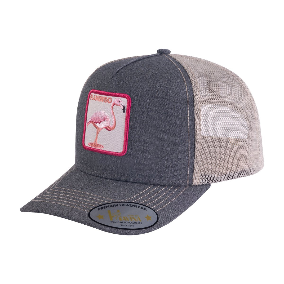 Flamingo 5-Panel Trucker Hat with Dark Grey front and Khaki back