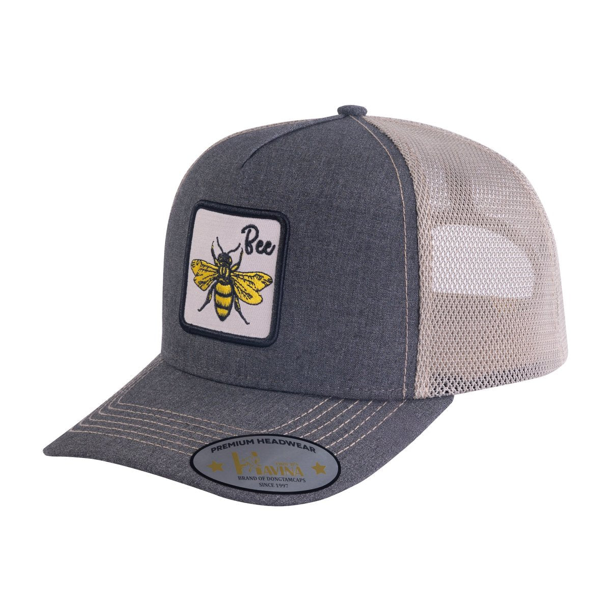 Bee 5-Panel Trucker Hat with Dark Grey front and Khaki back
