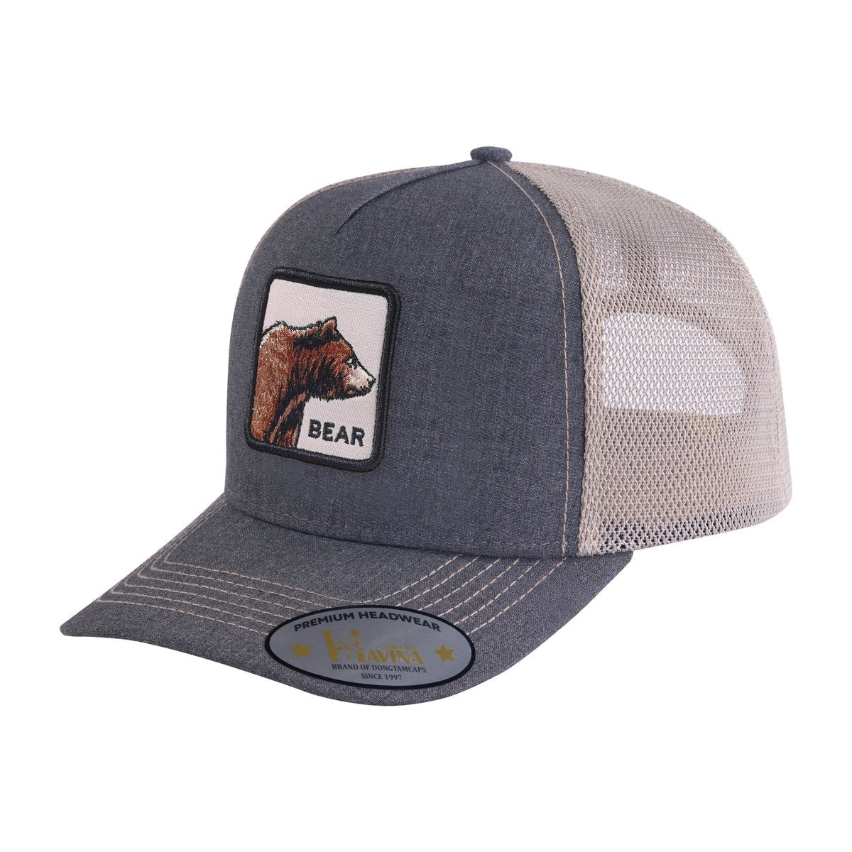 Bear 5-Panel Trucker Hat with Dark Grey front and Khaki back