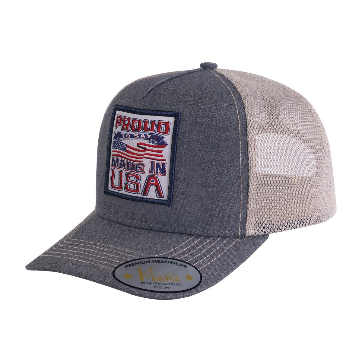 Proud to Say Made in USA 5-Panel Trucker Hat with Dark Grey front and Khaki back
