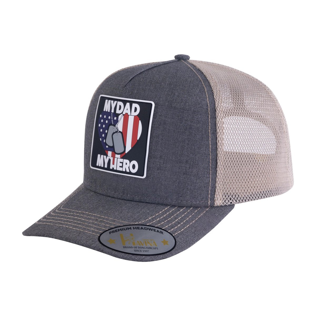 My Dad My Hero 5-Panel Trucker Hat with Dark Grey front and Khaki back