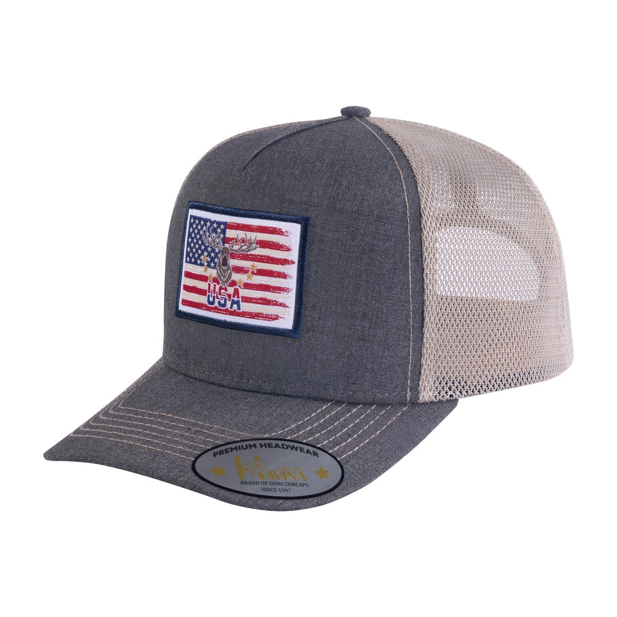 USA Deer Hunter 5-Panel Trucker Hat with Dark Grey front and Khaki back