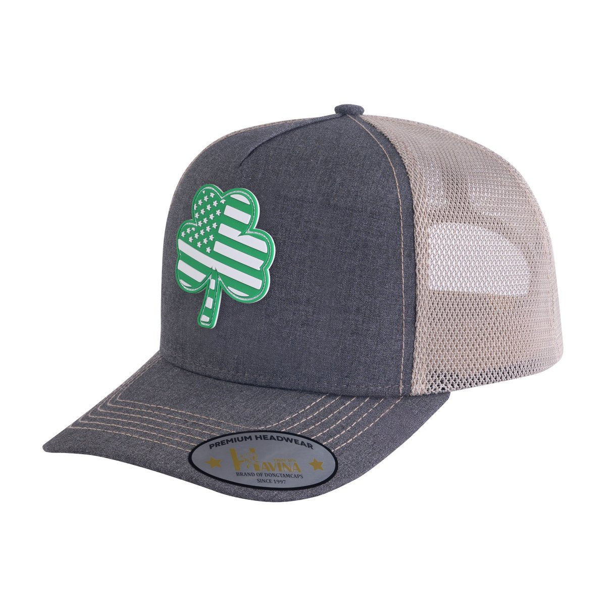 St. Patrick's Day Four Leaf Shamrock 5-Panel Trucker Hat with Dark Grey front and Khaki back