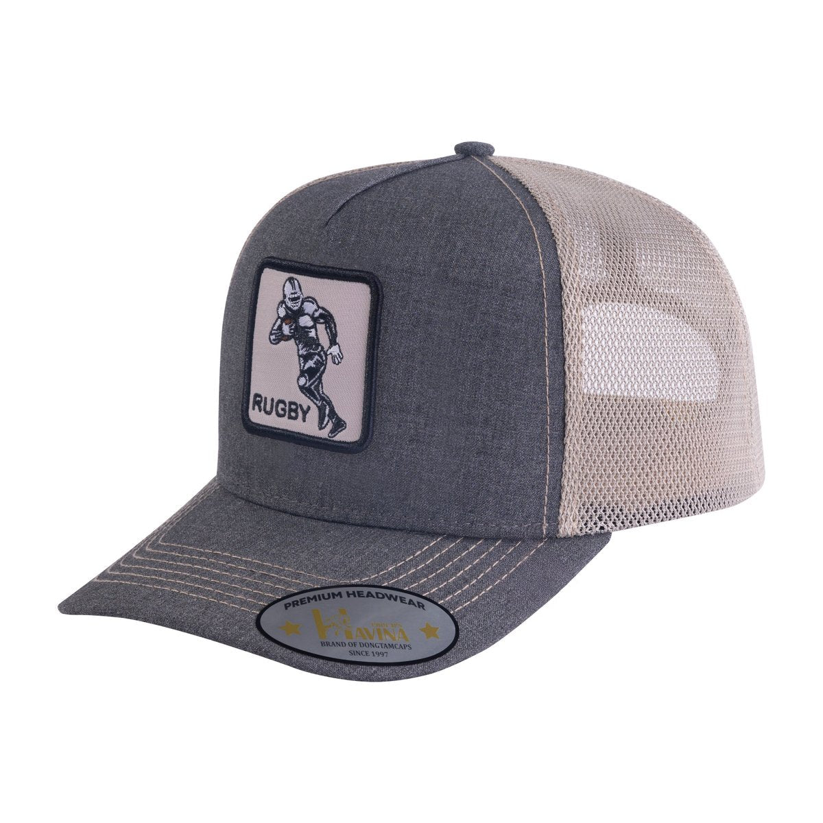 Rugby 5-Panel Trucker Hat with Dark Grey front and Khaki back