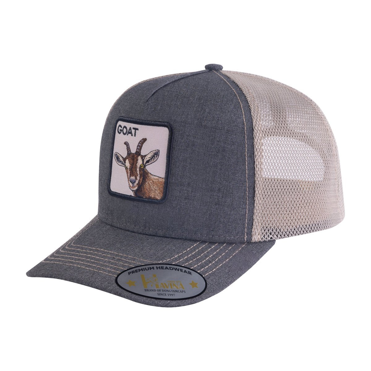 Goat 5-Panel Trucker Hat with Dark Grey front and Khaki back