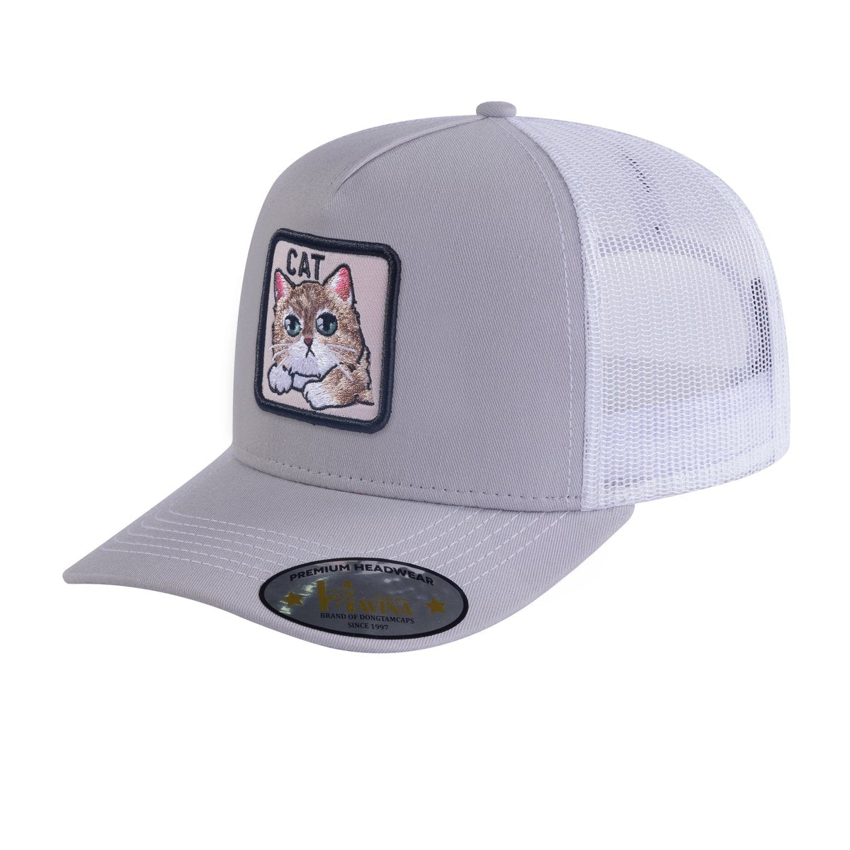 Cat 5-Panel Trucker Hat with Light Grey front and White back