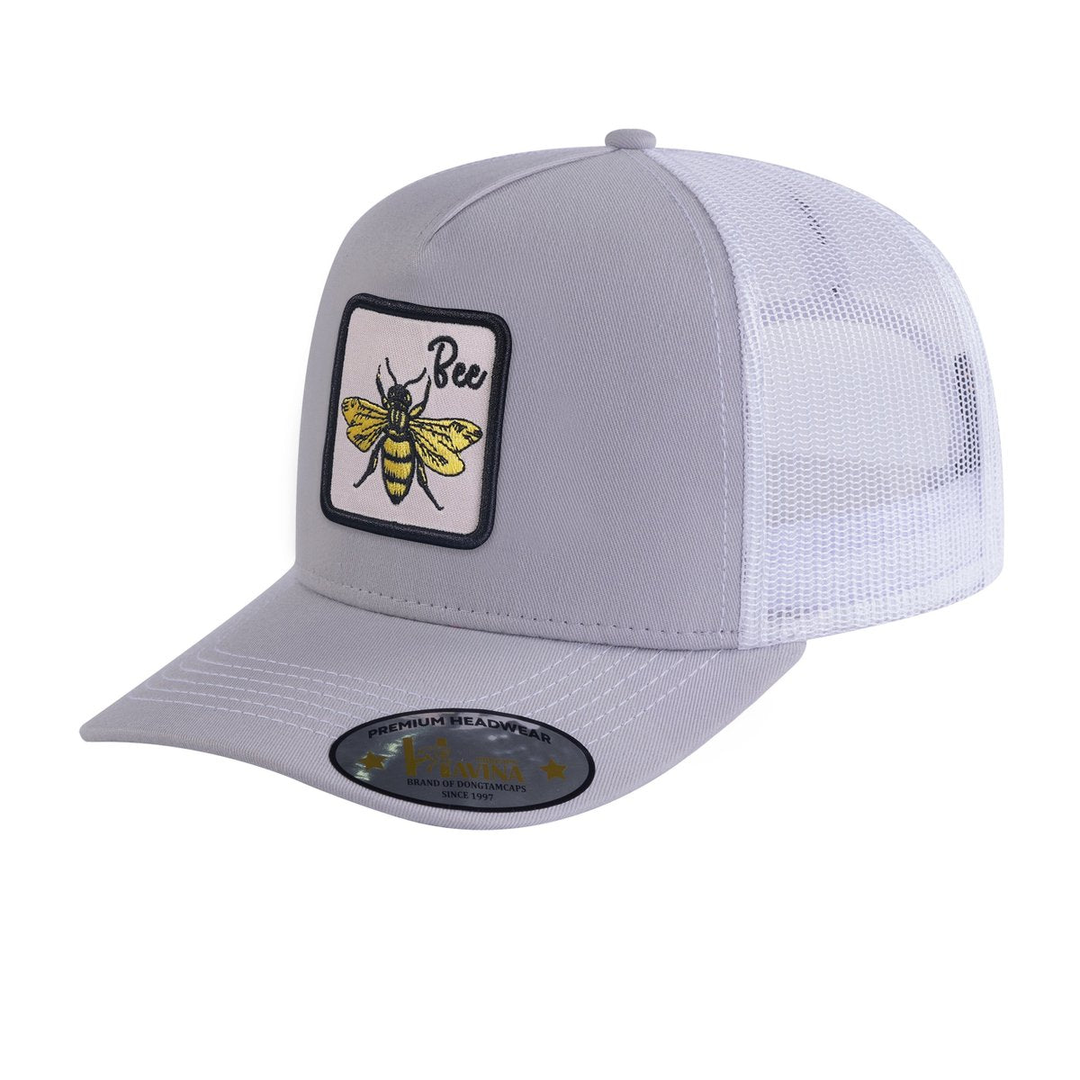 Bee 5-Panel Trucker Hat with Light Grey front and White back