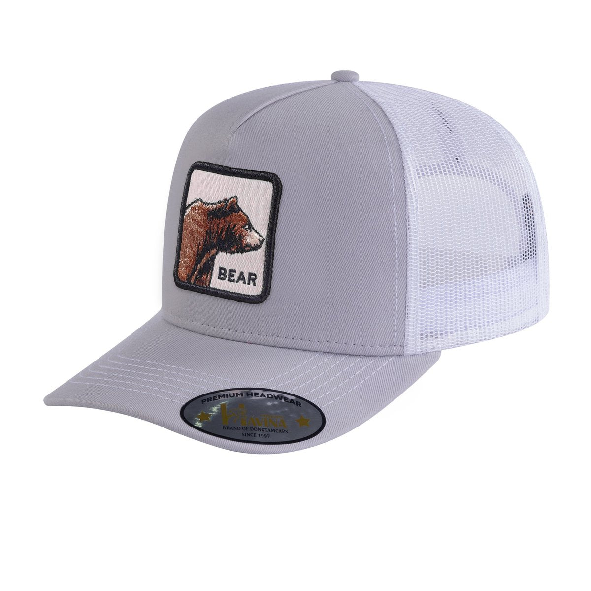 Bear 5-Panel Trucker Hat with Light Grey front and White back