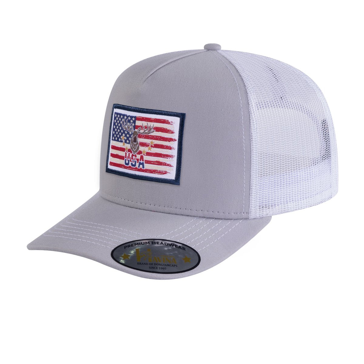 USA Deer Hunter 5-Panel Trucker Hat with Light Grey front and White back