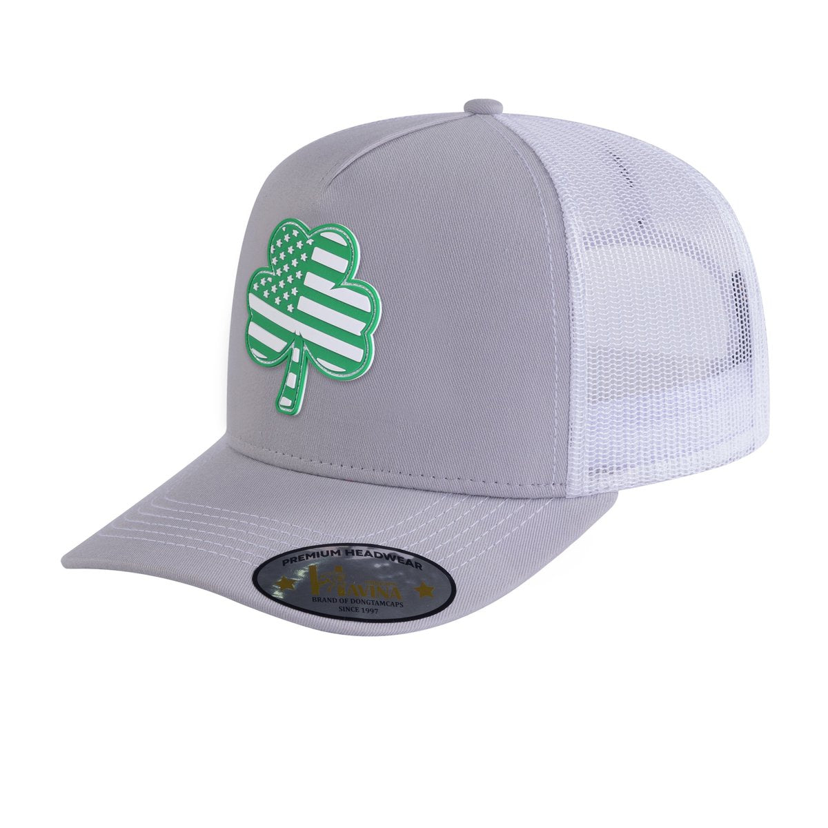 St. Patrick's Day Four Leaf Shamrock 5-Panel Trucker Hat with Light Grey front and White back