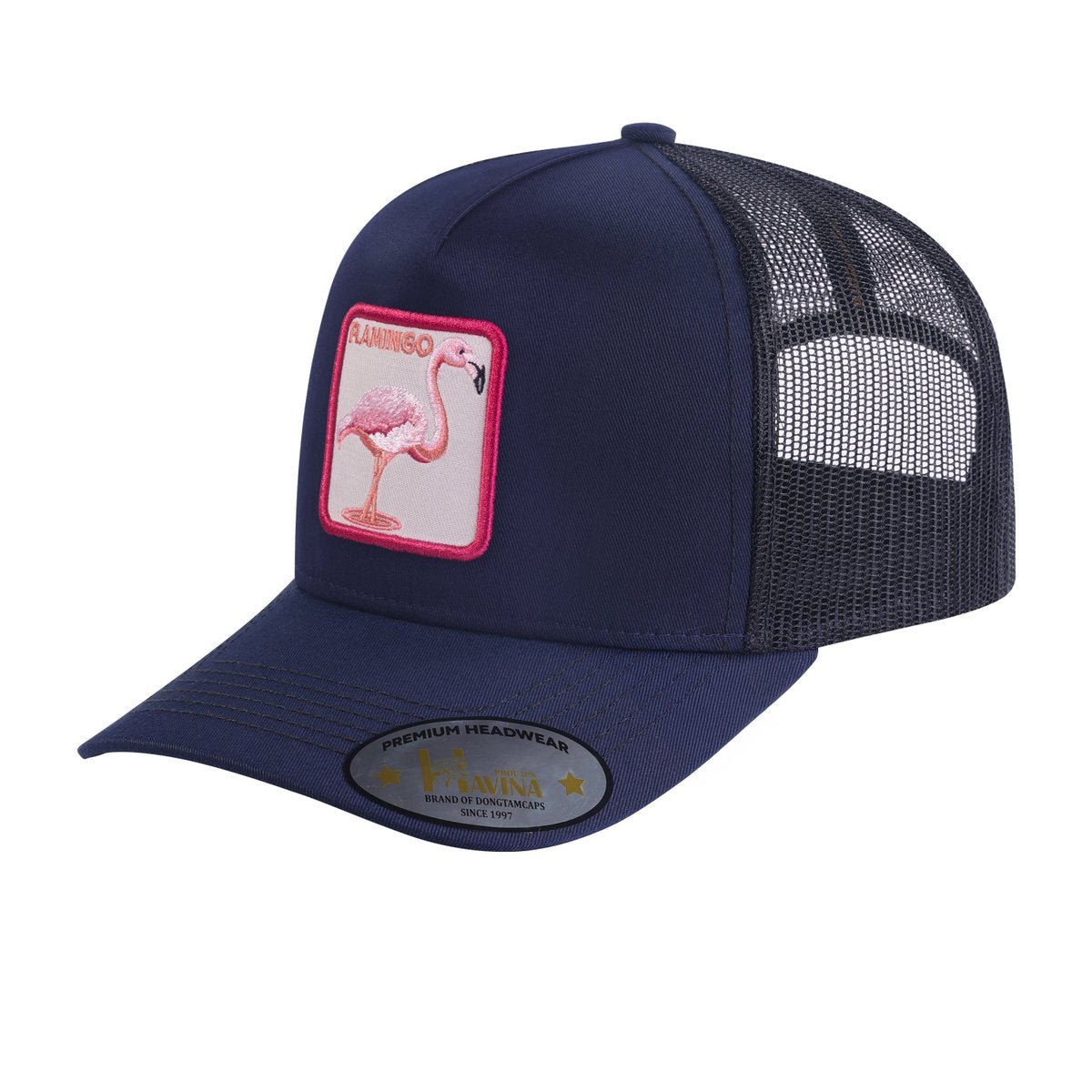 Flamingo 5-Panel Trucker Hat with Navy front and Black back