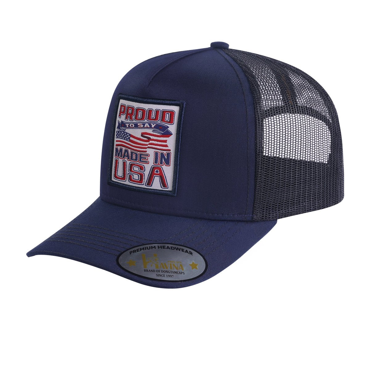 Proud to Say Made in USA 5-Panel Trucker Hat with Navy front and Black back