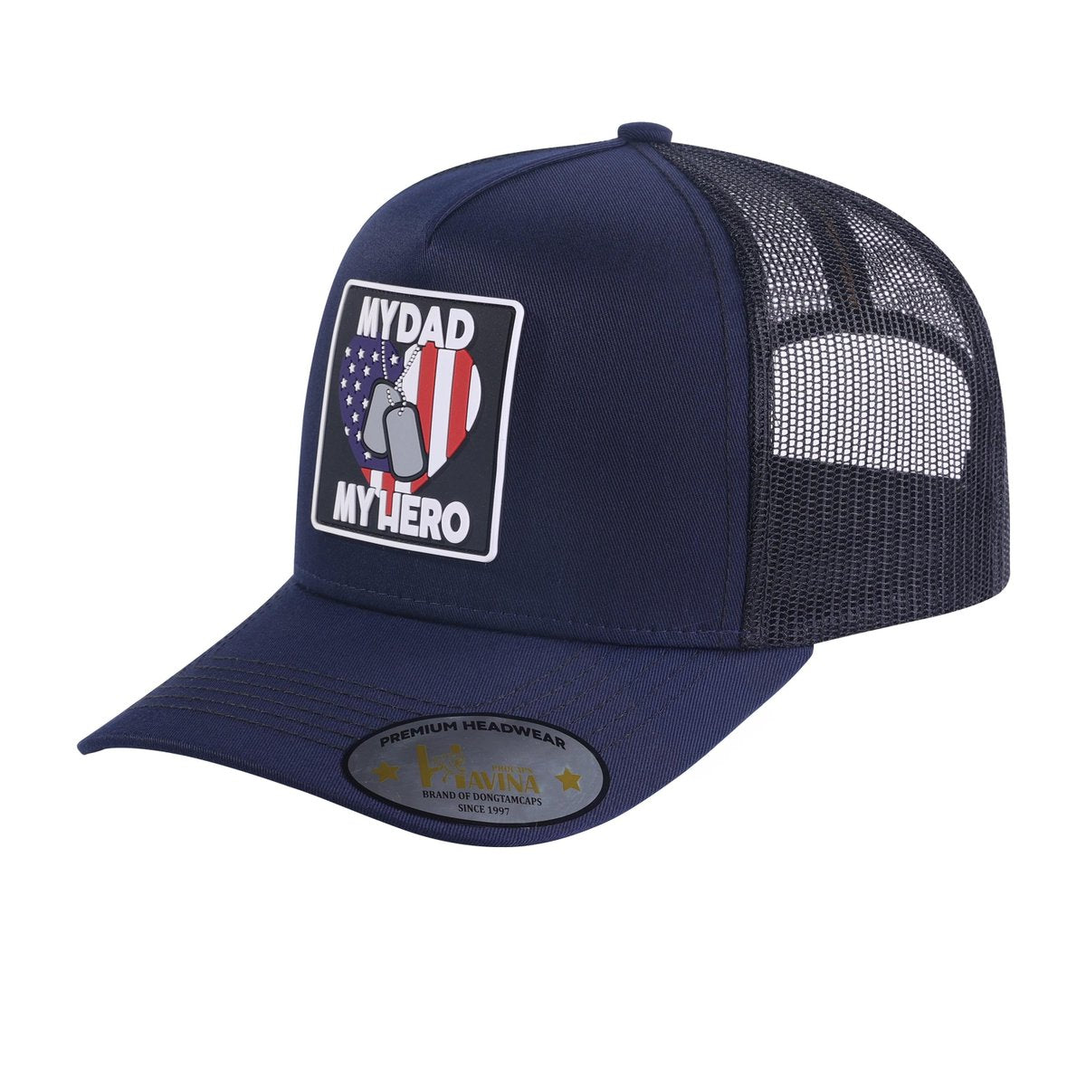 My Dad My Hero 5-Panel Trucker Hat with Navy front and Black back